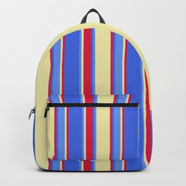 [ Thumbnail: Pale Goldenrod, Cornflower Blue, Royal Blue & Crimson Colored Striped/Lined Pattern Backpack ]