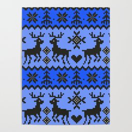 reindeer pixel pattern dark blue and black color cute winter christmas style pattern Poster