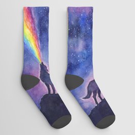 Galaxy Wolf Howling Rainbow Socks