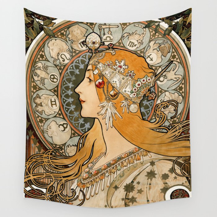 La Plume Zodiac by Alphonse Maria Mucha Wall Tapestry