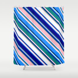 [ Thumbnail: Colorful Blue, Dark Blue, Teal, Light Pink, and White Colored Lines Pattern Shower Curtain ]