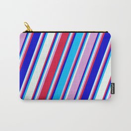 [ Thumbnail: Colorful Plum, Crimson, Blue, Deep Sky Blue, and Mint Cream Colored Lined/Striped Pattern Carry-All Pouch ]