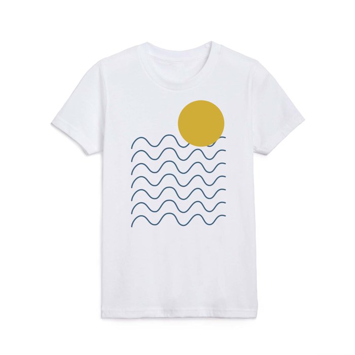 Minimalist Abstract Ocean Waves and Sun Landscape Line Art Drawing Kids T Shirt