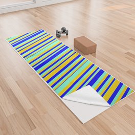 [ Thumbnail: Aquamarine, Blue & Yellow Colored Lines Pattern Yoga Towel ]