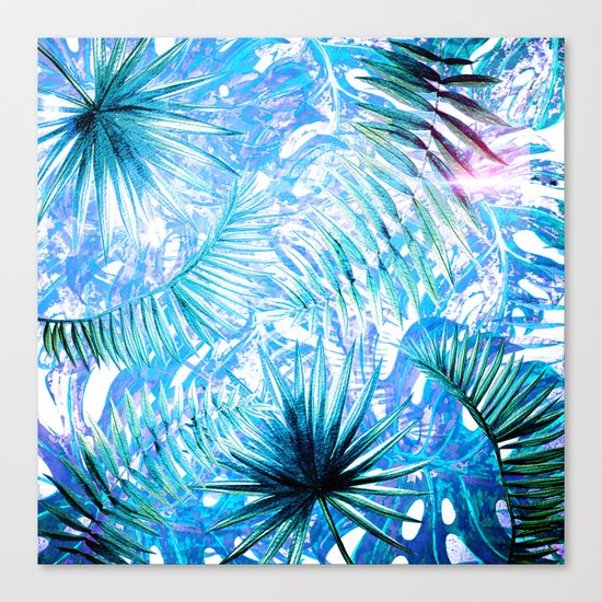 Aloha- Blue abstract Tropical Palm Leaves and Monstera Leaf Garden Canvas Print