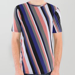 [ Thumbnail: Eye-catching Lavender, Light Coral, Dim Gray, Midnight Blue & Black Colored Striped/Lined Pattern All Over Graphic Tee ]