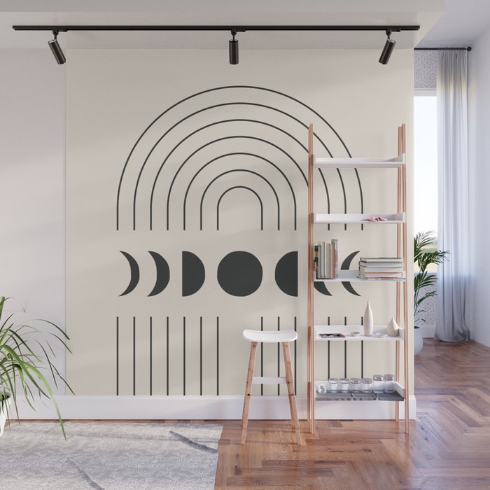 Geometric Lines and Shapes 9 in Black and Beige (Rainbow and Moon Phases Abstract) Wall Mural