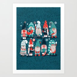 Let it gnome // dark teal background little Santa's helpers preparing for Christmas neon red mint dark green and duck egg blue dressed gnomes Art Print