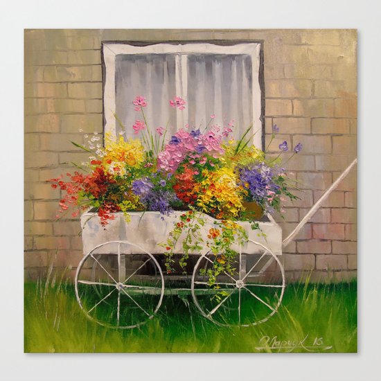 Old wagon with flowers Canvas Print