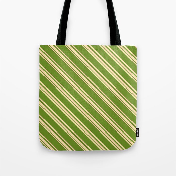 Tan and Green Colored Striped/Lined Pattern Tote Bag