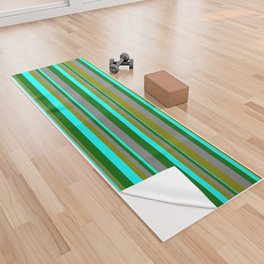 [ Thumbnail: Grey, Green, Aqua & Dark Green Colored Stripes/Lines Pattern Yoga Towel ]