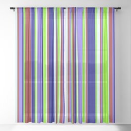 [ Thumbnail: Colorful Brown, Medium Slate Blue, Blue, Chartreuse & Light Cyan Colored Striped/Lined Pattern Sheer Curtain ]