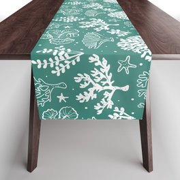 Green Blue And White Coral Silhouette Pattern Table Runner