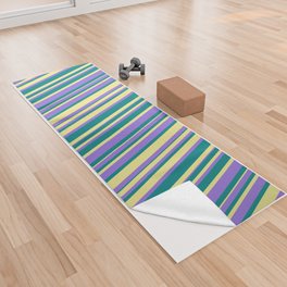 [ Thumbnail: Teal, Purple, and Tan Colored Lines Pattern Yoga Towel ]