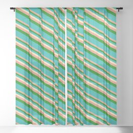 [ Thumbnail: Beige, Dark Salmon, Green & Light Sea Green Colored Lines Pattern Sheer Curtain ]