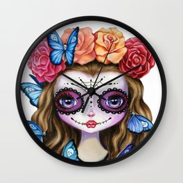 Sugar Skull Gil with Flower Crown and Butterflies Wall Clock