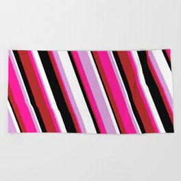 [ Thumbnail: Eyecatching Plum, Deep Pink, Red, Black & White Colored Lined/Striped Pattern Beach Towel ]