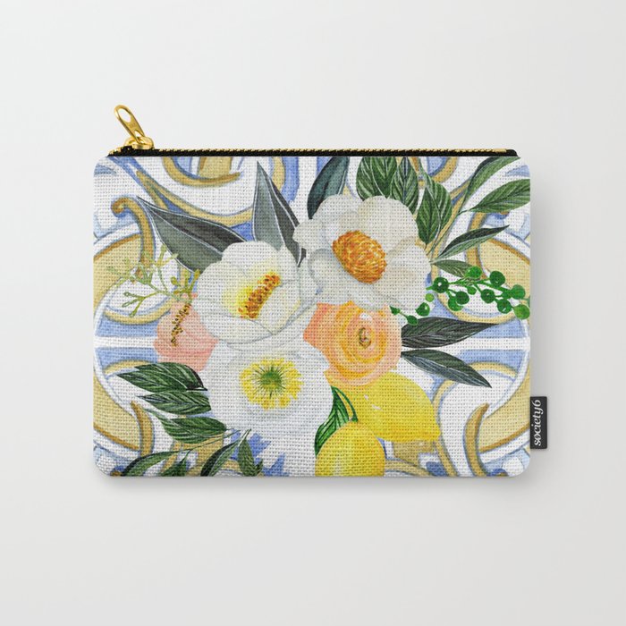 Amalfi Coast - Mediterranean Style Blue White Tiles with Flowers Lemons Carry-All Pouch