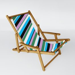 [ Thumbnail: Eyecatching Plum, Sea Green, White, Deep Sky Blue, and Black Colored Pattern of Stripes Sling Chair ]