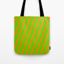 [ Thumbnail: Lime and Dark Orange Colored Stripes/Lines Pattern Tote Bag ]