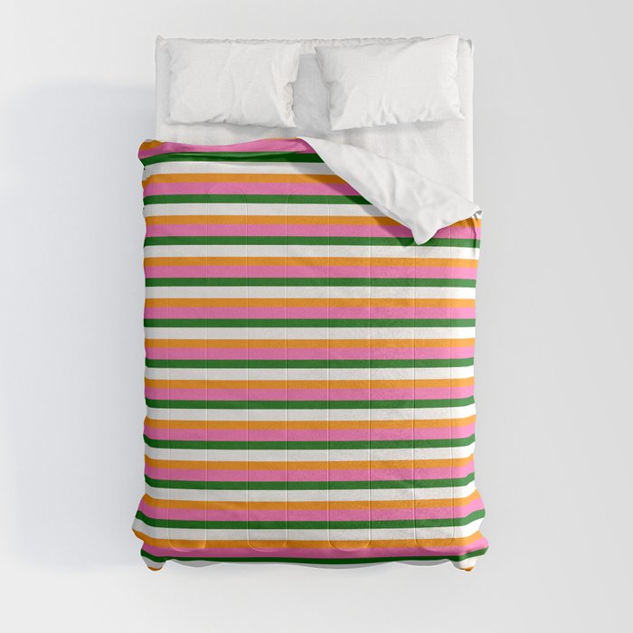 Hot Pink, Dark Green, White, and Dark Orange Colored Lines/Stripes Pattern Comforter