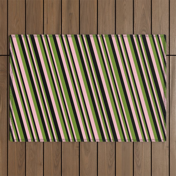 Green, Pink, and Black Colored Striped Pattern Outdoor Rug
