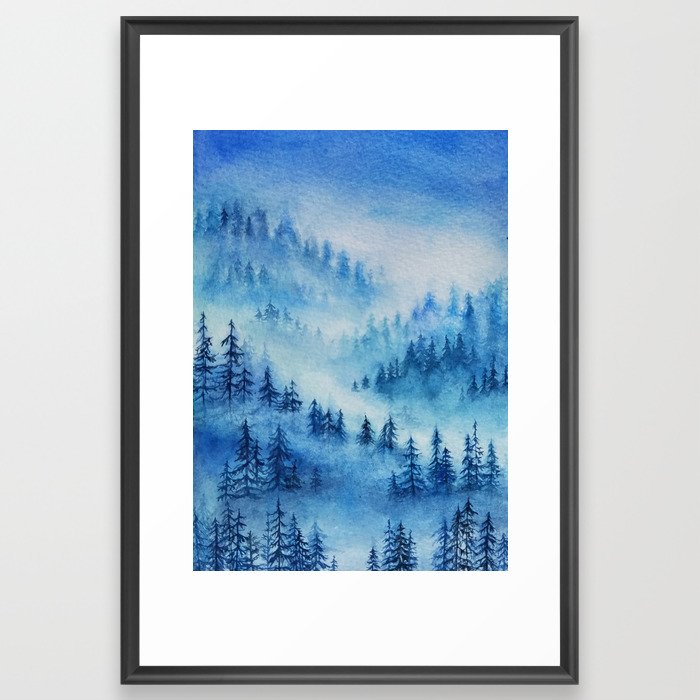 Blue Misty Trees Framed Art Print
