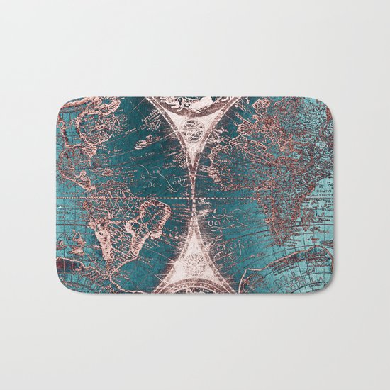 Antique World Map Pink Quartz Teal Blue by Nature Magick Bath Mat