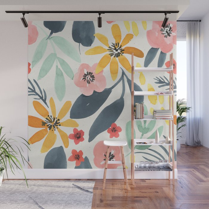 Colorful Mystical Watercolor Floral Plant Pattern Pink Orange Flowers Mint Green Navy Blue Leaves Wall Mural By Seam Less