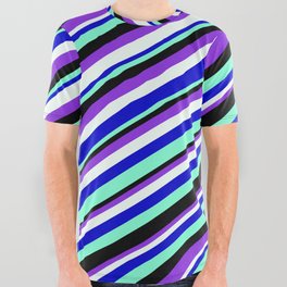 [ Thumbnail: Vibrant Blue, Aquamarine, Black, Purple, and Mint Cream Colored Lined Pattern All Over Graphic Tee ]