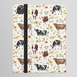 Cows with Pink and Yellow Flowers on Cream, Cow Illustration, Floral iPad Folio Case