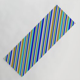 [ Thumbnail: Turquoise, Blue, Light Gray & Dark Goldenrod Colored Pattern of Stripes Yoga Mat ]