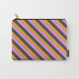 [ Thumbnail: Vibrant Purple, Goldenrod, Violet, Dark Green & White Colored Lined Pattern Carry-All Pouch ]