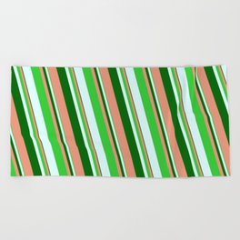 [ Thumbnail: Dark Green, Dark Salmon, Lime Green, and Light Cyan Colored Striped/Lined Pattern Beach Towel ]