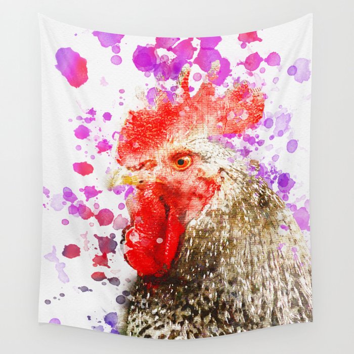 Rooster Watercolor, Painted Roost Art, Cool Chicken, Splatter Rooster Design, Rooster Decor Wall Tapestry