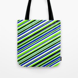 [ Thumbnail: Eyecatching Green, Blue, Mint Cream, Chartreuse, and Black Colored Lined/Striped Pattern Tote Bag ]