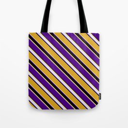 [ Thumbnail: Goldenrod, Lavender, Indigo, and Black Colored Lined Pattern Tote Bag ]