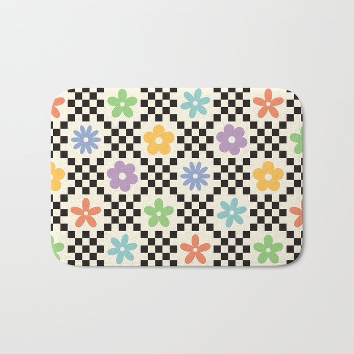 Retro Colorful Flower Double Checker Bath Mat