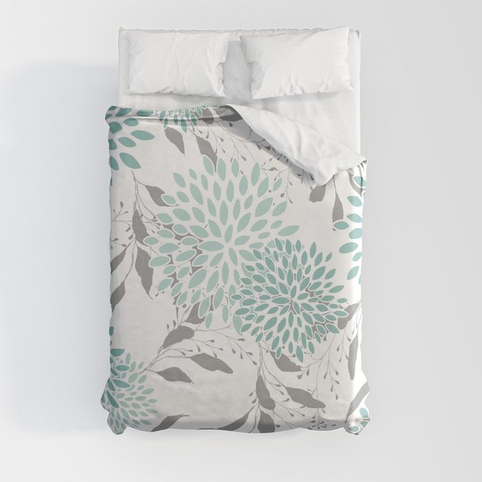 Festive, Floral Blooms and Leaves, Teal and Gray Duvet Cover