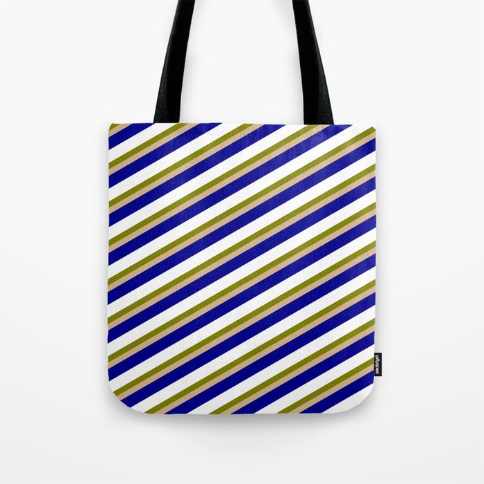 Green, Tan, Dark Blue, and White Colored Stripes/Lines Pattern Tote Bag