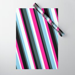 [ Thumbnail: Sky Blue, Dark Slate Gray, Black, Deep Pink, and Mint Cream Colored Striped/Lined Pattern Wrapping Paper ]