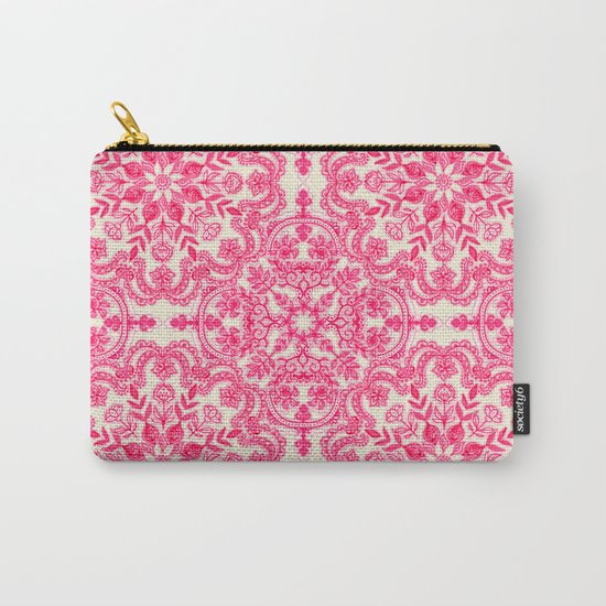 Hot Pink & Soft Cream Folk Art Pattern Carry-All Pouch