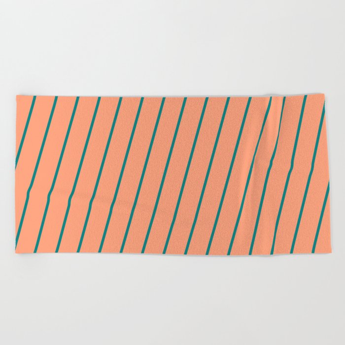 Light Salmon and Teal Colored Striped Pattern Beach Towel