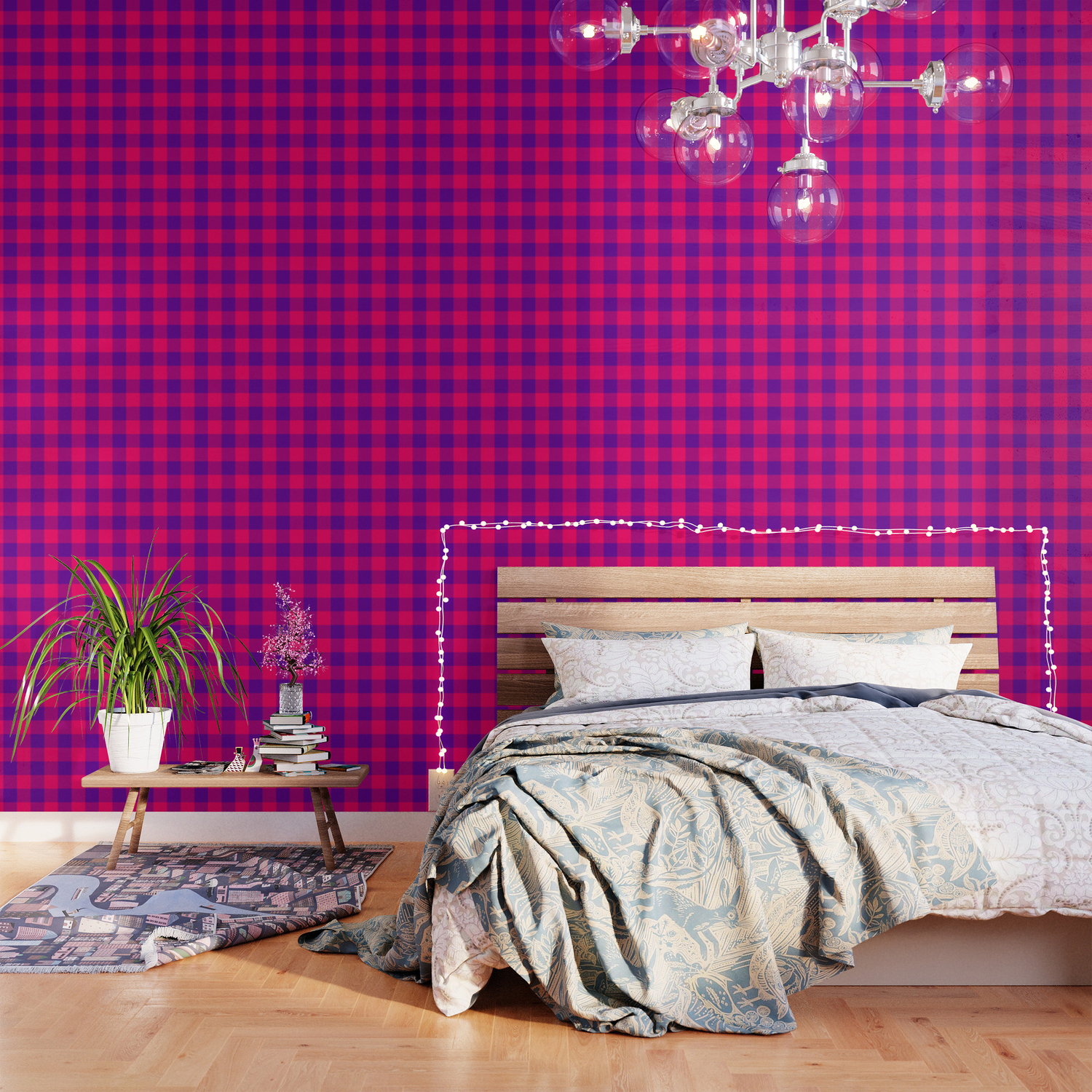 Modern Bright Pink And Purple Gingham Plaid Wallpaper By