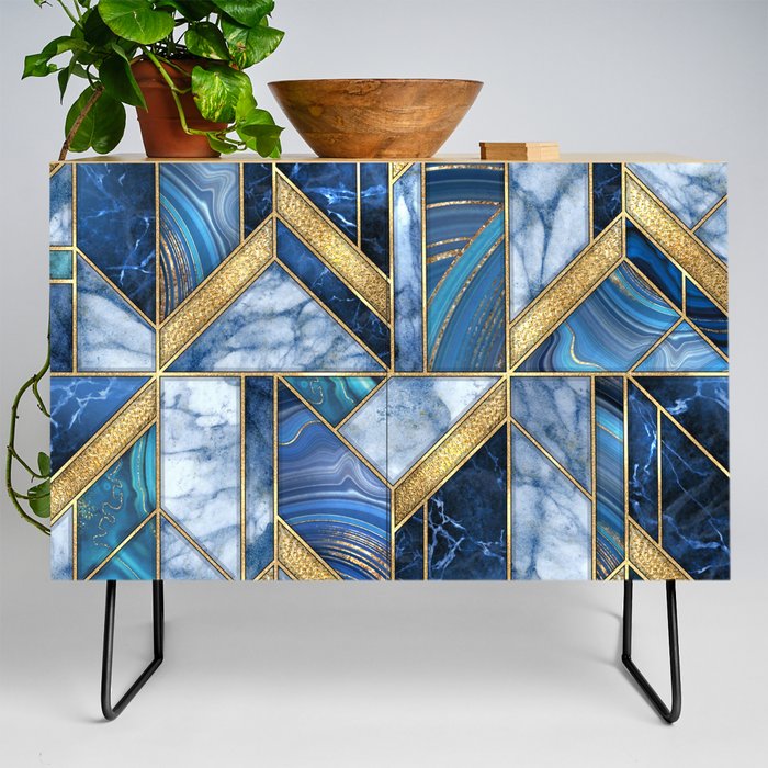 Art Deco Gold + Midnight Blue Marble Abstract Geometry Credenza
