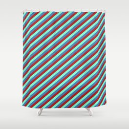 [ Thumbnail: Aquamarine, Blue & Red Colored Lined/Striped Pattern Shower Curtain ]