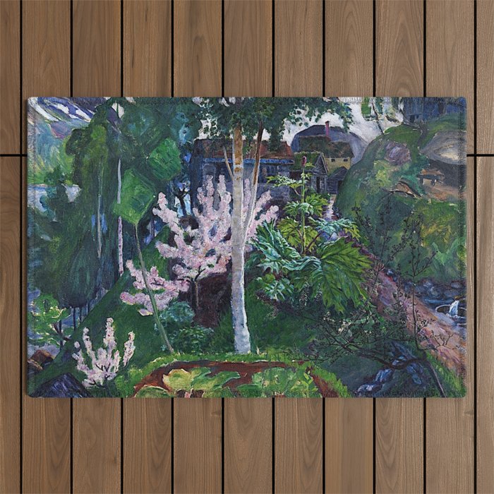 Spring Cherry Blossoms in the Mountains landscape painting by Nicolai Astrup Outdoor Rug