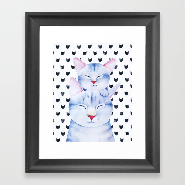 Cute Mom Baby Cat Love Watercolor Framed Art Print