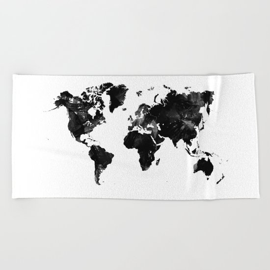 Black watercolor world map Beach Towel