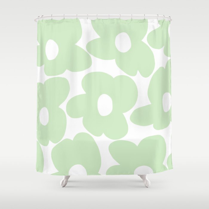 Large Baby Green Retro Flowers White Background #decor #society6 #buyart Shower Curtain